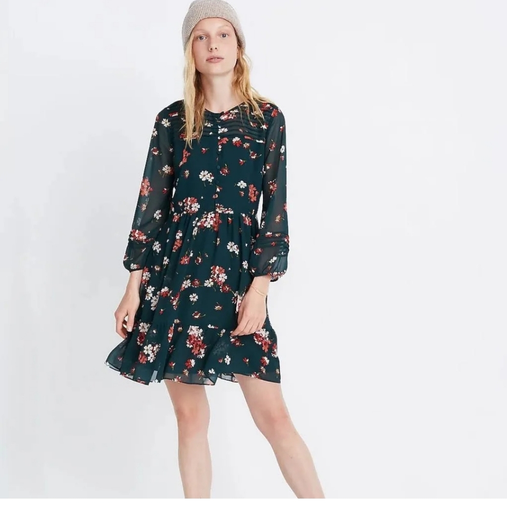 Madewell Dresses Sheer Sleeve Pintuck Ruffle Dress In Spruce blooms size 24